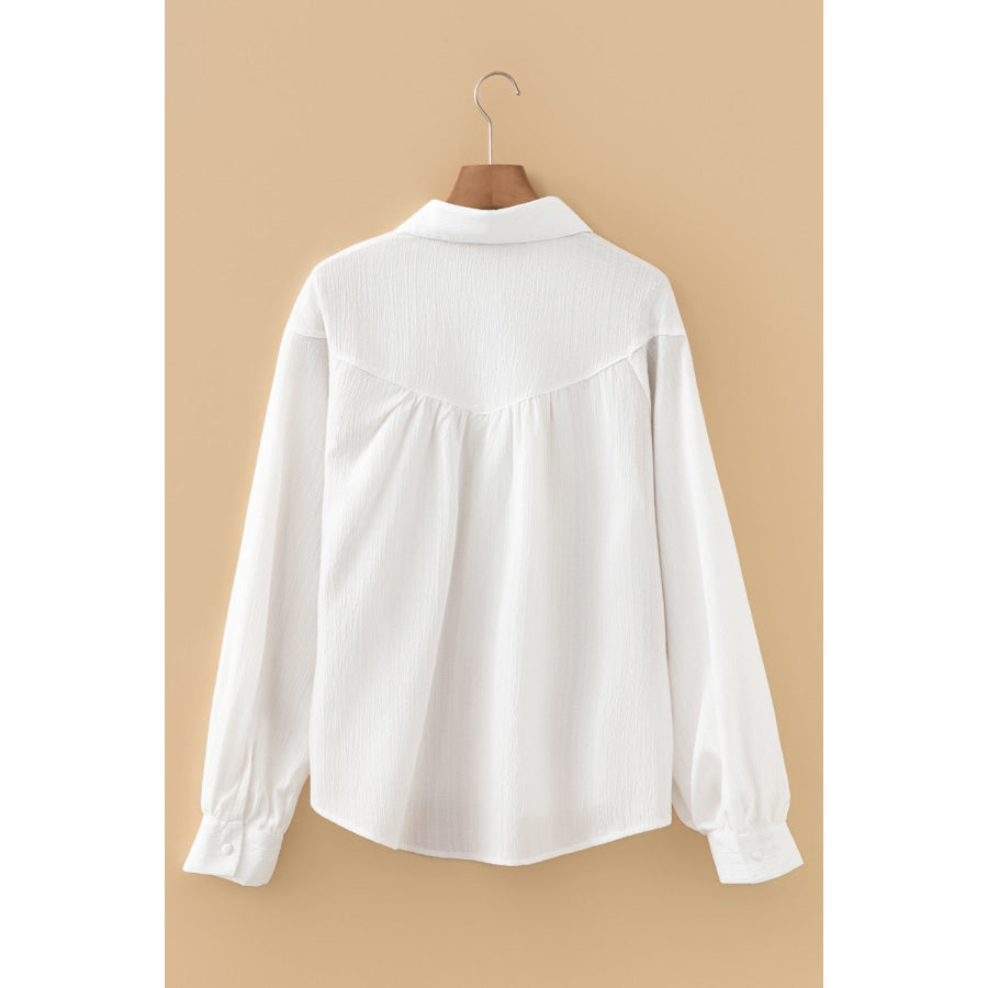 Crinkled Texture Lantern Sleeve Button Down Loose Shirt Apparel and Accessories