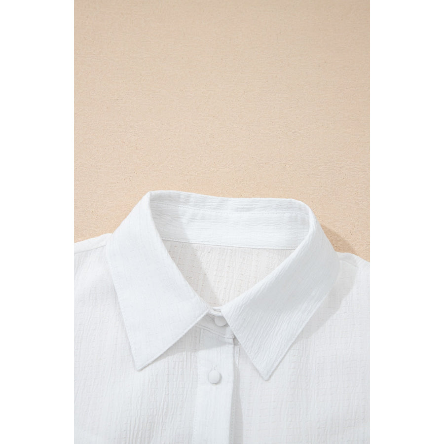Crinkled Texture Lantern Sleeve Button Down Loose Shirt Apparel and Accessories