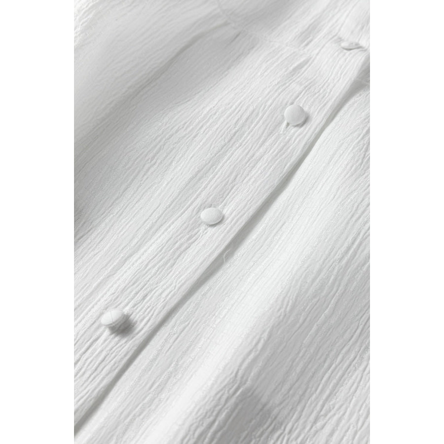 Crinkled Texture Lantern Sleeve Button Down Loose Shirt Apparel and Accessories