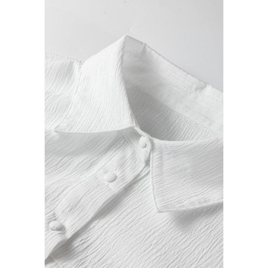 Crinkled Texture Lantern Sleeve Button Down Loose Shirt Apparel and Accessories