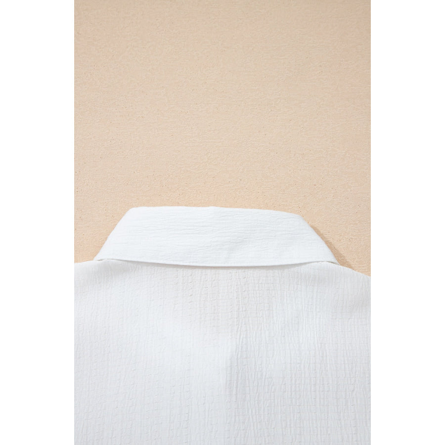 Crinkled Texture Lantern Sleeve Button Down Loose Shirt Apparel and Accessories