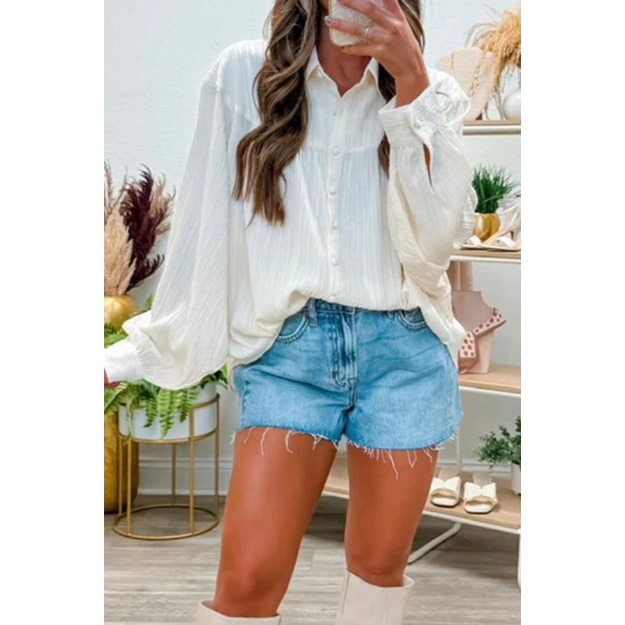 Crinkled Texture Lantern Sleeve Button Down Loose Shirt Apparel and Accessories