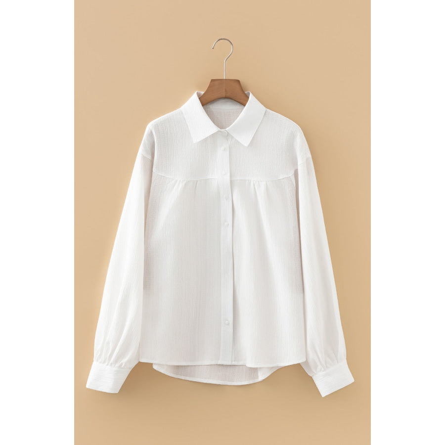 Crinkled Texture Lantern Sleeve Button Down Loose Shirt Apparel and Accessories