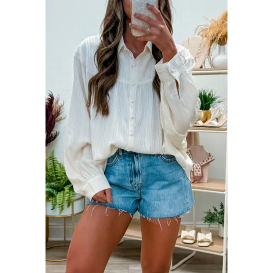 Crinkled Texture Lantern Sleeve Button Down Loose Shirt White / S Apparel and Accessories