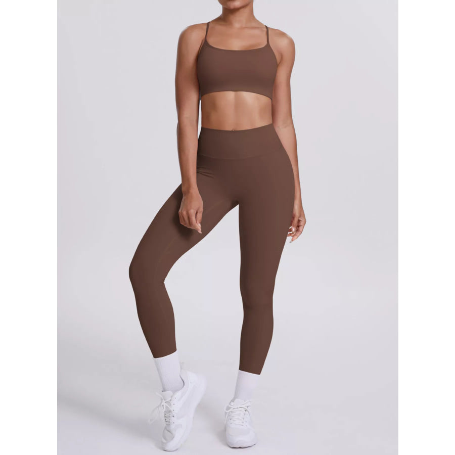 Criss-Cross Back Cami and Leggings Active Set Brown / S Apparel and Accessories