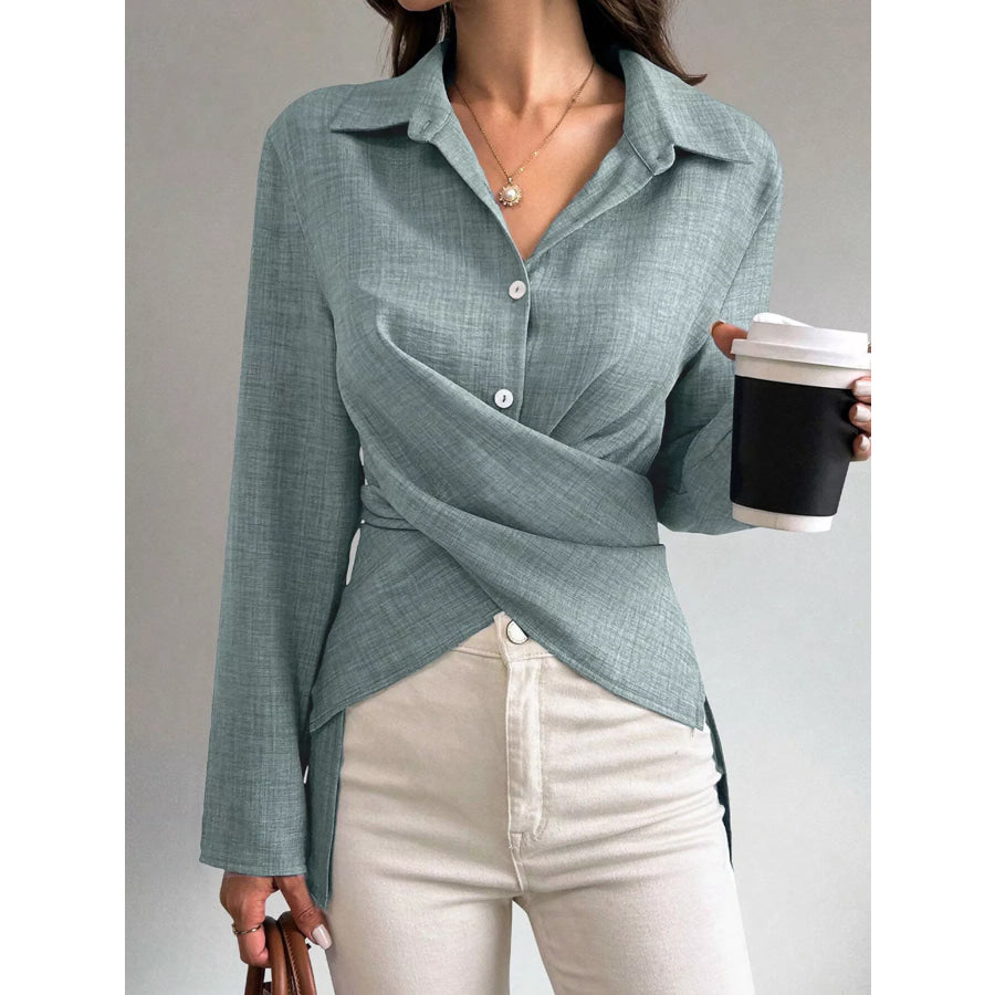 Criss-Cross Wrap Front Long Sleeve Shirt Air Force Blue / S Apparel and Accessories