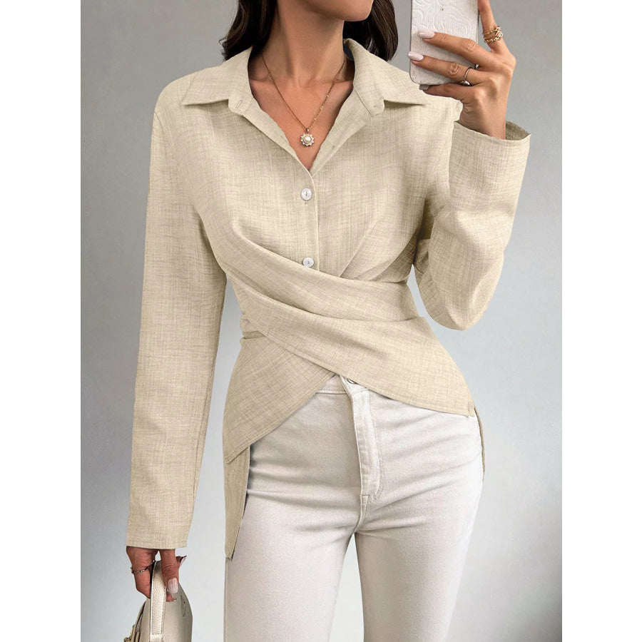 Criss-Cross Wrap Front Long Sleeve Shirt Apricot / S Apparel and Accessories