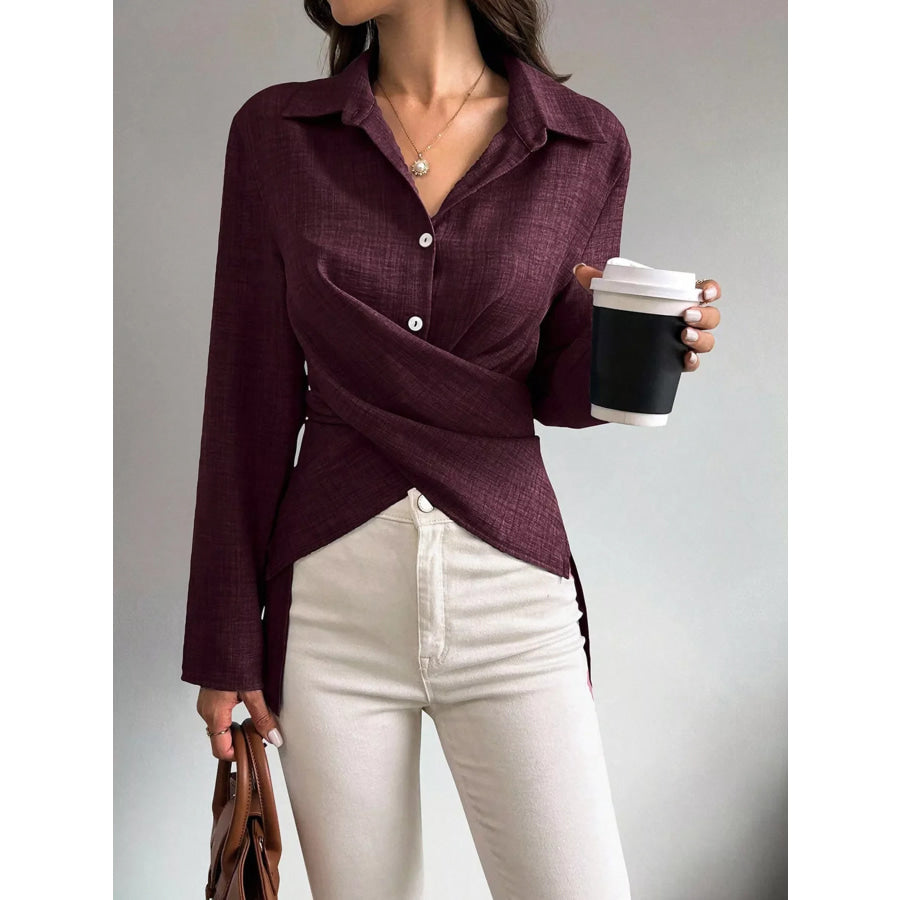 Criss-Cross Wrap Front Long Sleeve Shirt Burgundy / S Apparel and Accessories