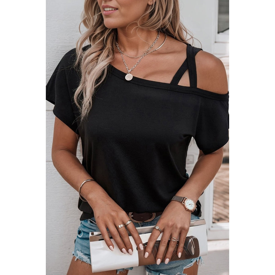 Crisscross Asymmetrical Neck Short Sleeve Top Black / S