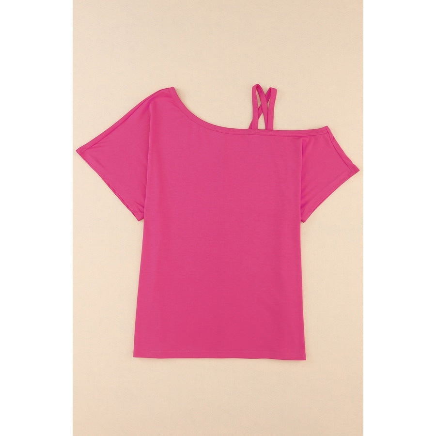 Crisscross Asymmetrical Neck Short Sleeve Top Hot Pink / XL