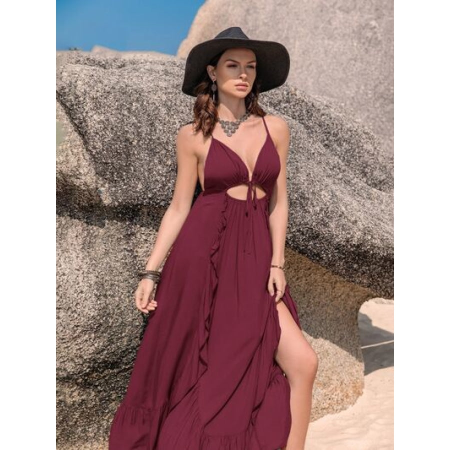 Crisscross Back Drawstring Ruffle Trim Maxi Dress Clothing