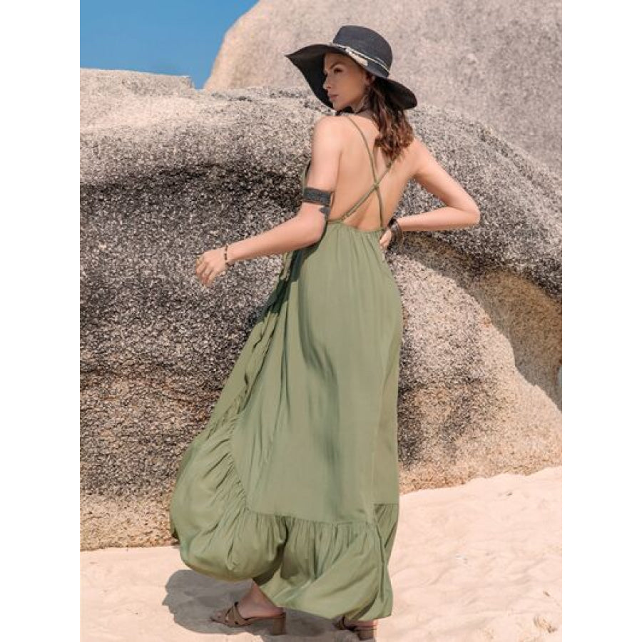 Crisscross Back Drawstring Ruffle Trim Maxi Dress Matcha Green / S Clothing