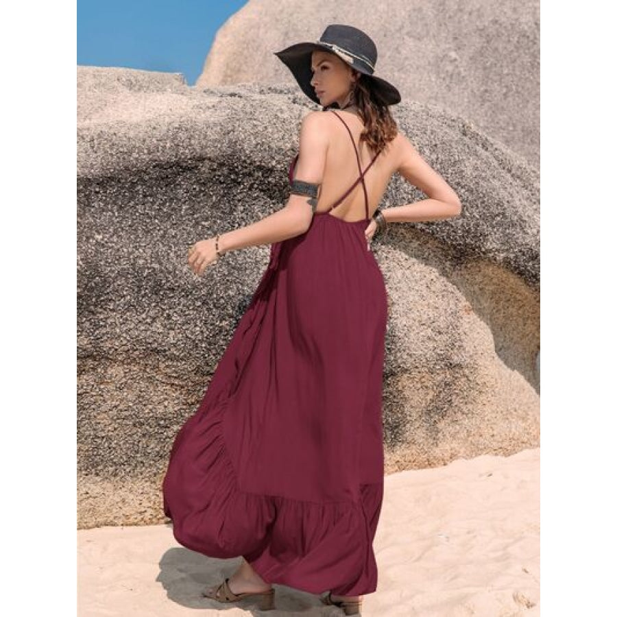 Crisscross Back Drawstring Ruffle Trim Maxi Dress Clothing