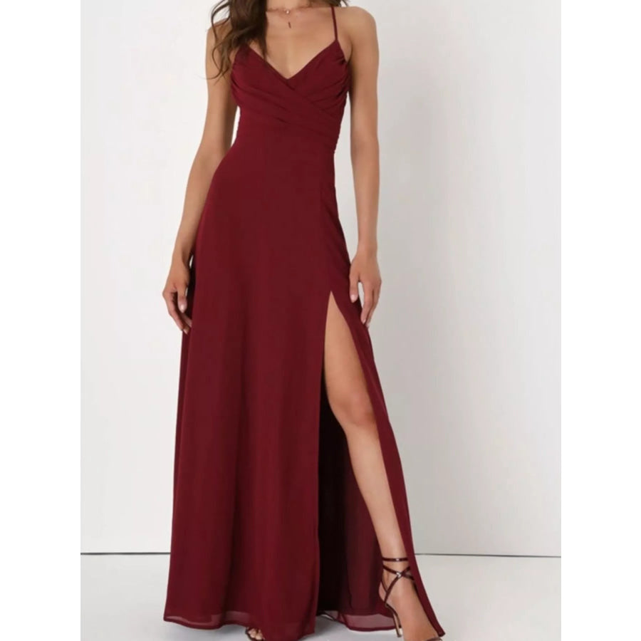 Crisscross Back Slit Maxi Dress Wine Red / S Apparel and Accessories