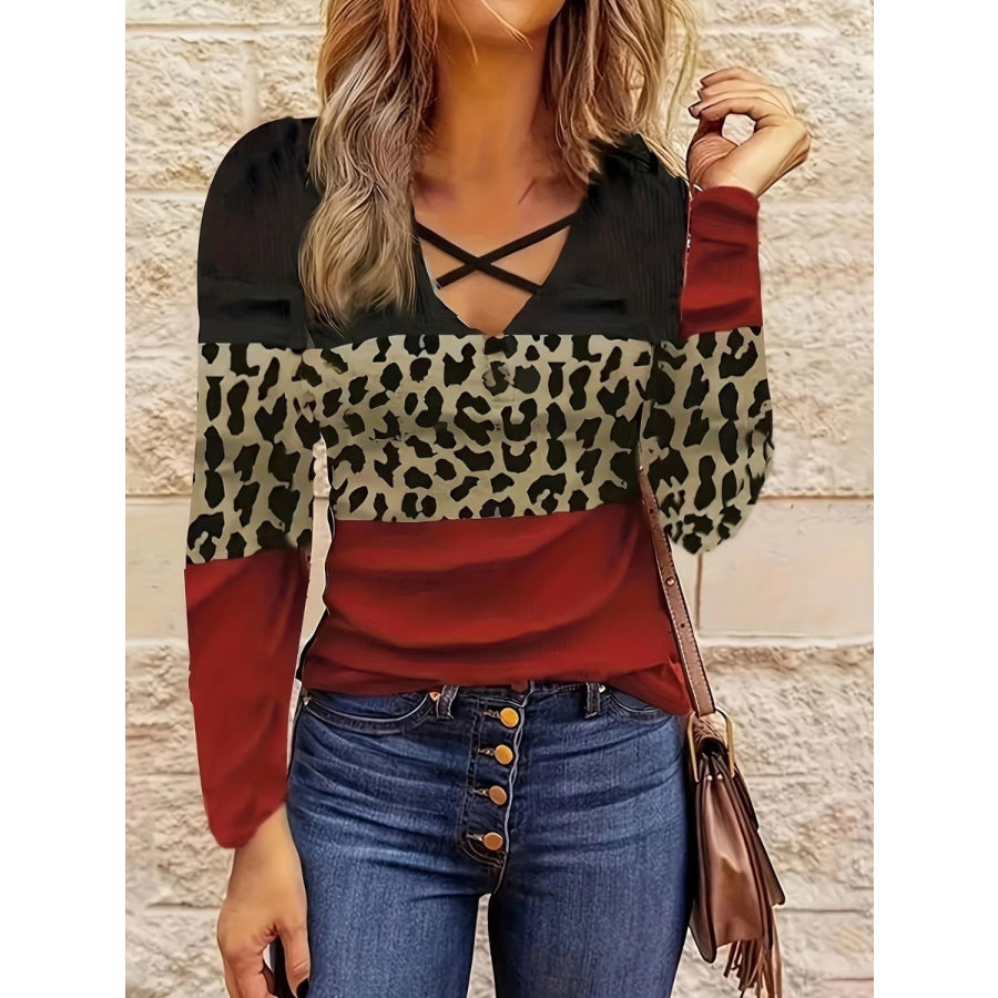 Crisscross Color Block Long Sleeve T-Shirt Deep Red / S Apparel and Accessories