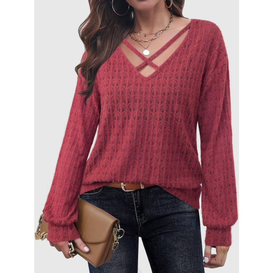 Crisscross Cutout Long Sleeve Top Deep Rose / M Apparel and Accessories