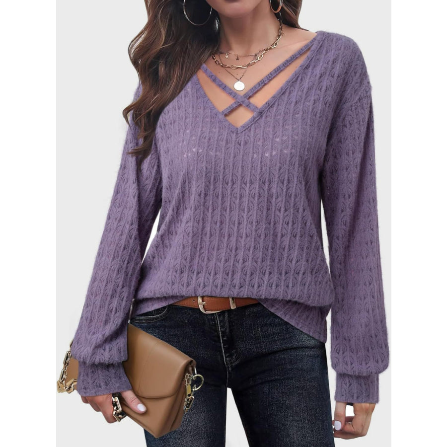 Crisscross Cutout Long Sleeve Top Lilac / M Apparel and Accessories