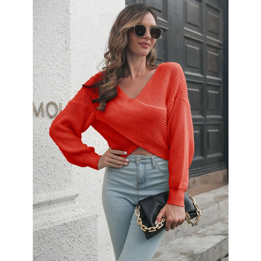 Crisscross Drop Shoulder Sweater Red Orange / S