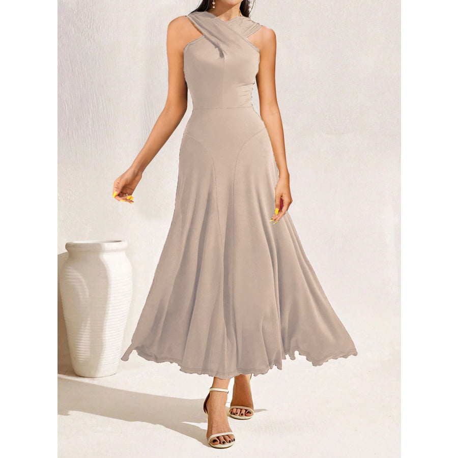 Crisscross Halter Neck A-Line Midi Dress Apricot / S Apparel and Accessories