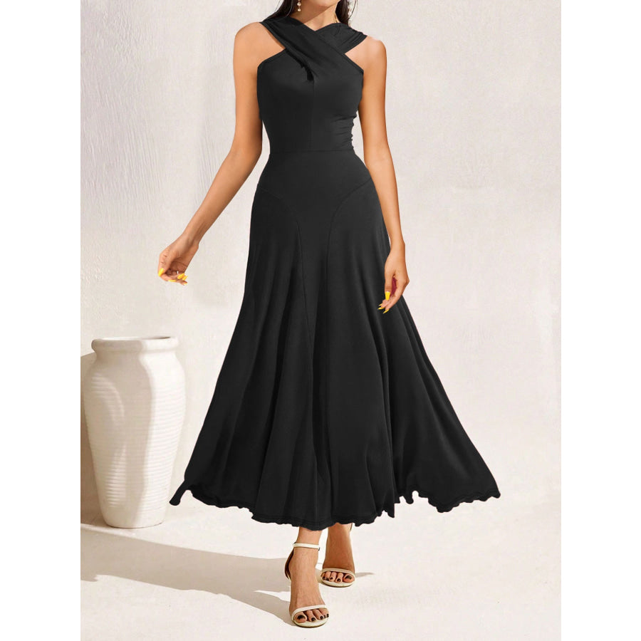 Crisscross Halter Neck A-Line Midi Dress Black / S Apparel and Accessories