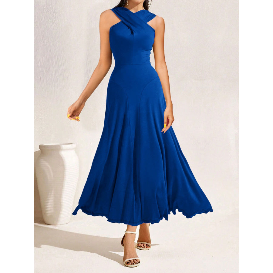 Crisscross Halter Neck A-Line Midi Dress Dark Blue / S Apparel and Accessories