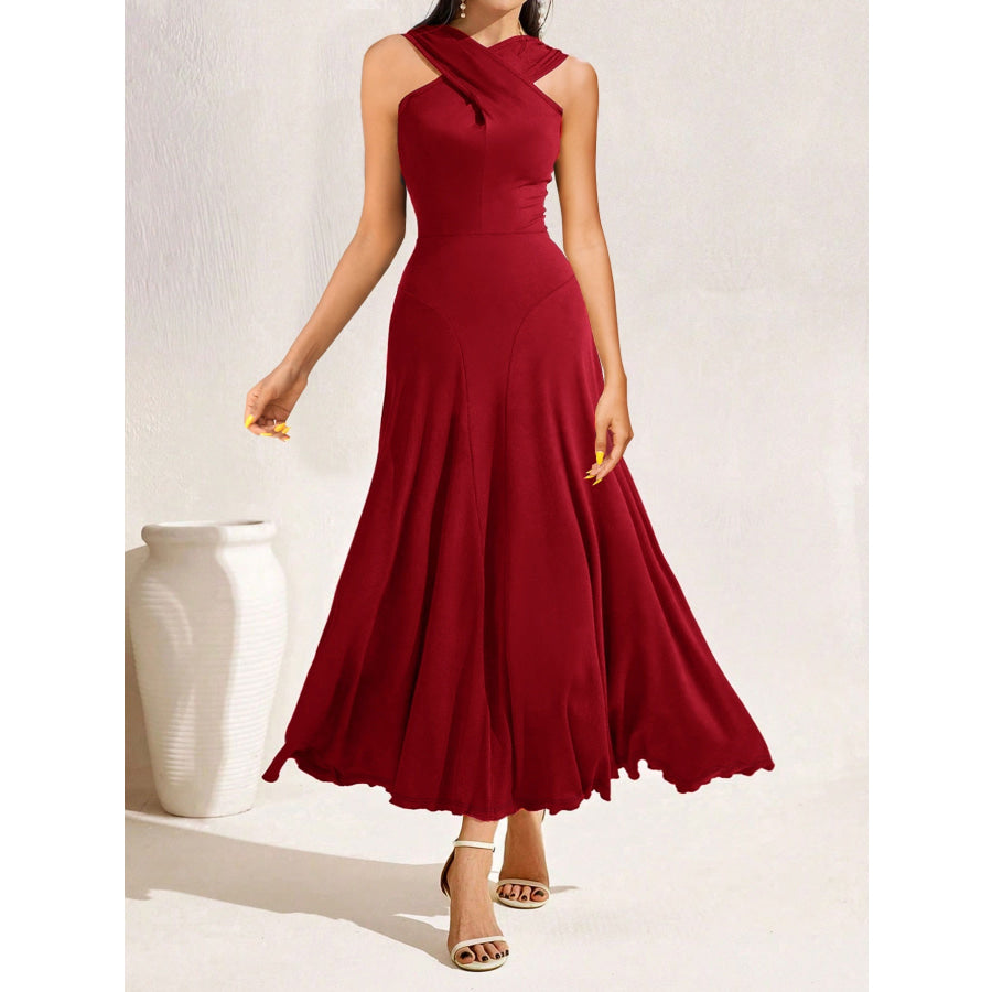 Crisscross Halter Neck A-Line Midi Dress Deep Red / S Apparel and Accessories