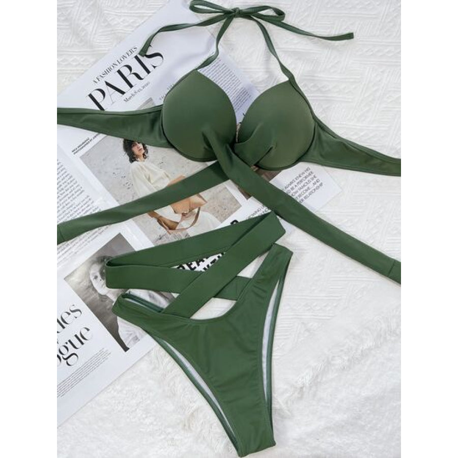 Crisscross Halter Neck Bikini Set Apparel and Accessories