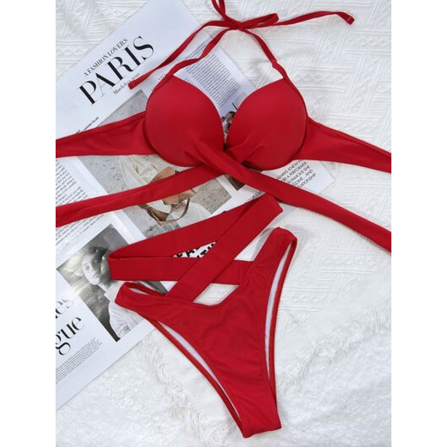 Crisscross Halter Neck Bikini Set Apparel and Accessories