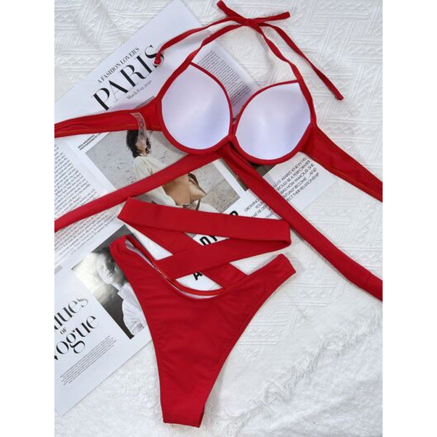 Crisscross Halter Neck Bikini Set Apparel and Accessories