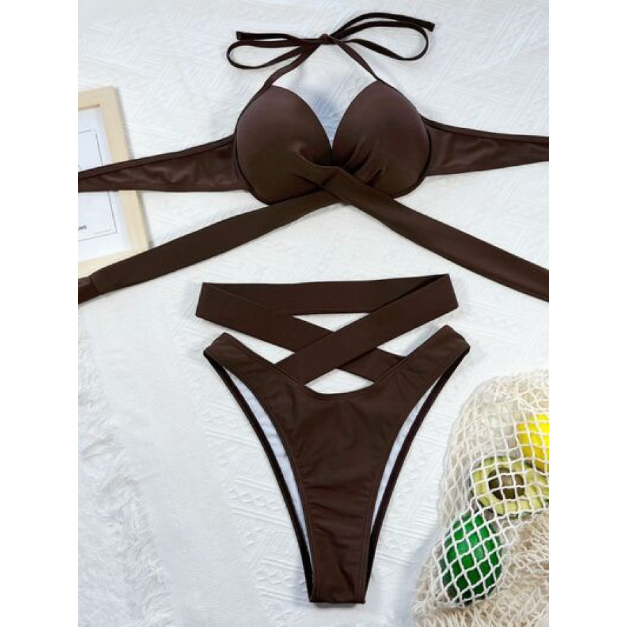 Crisscross Halter Neck Bikini Set Apparel and Accessories