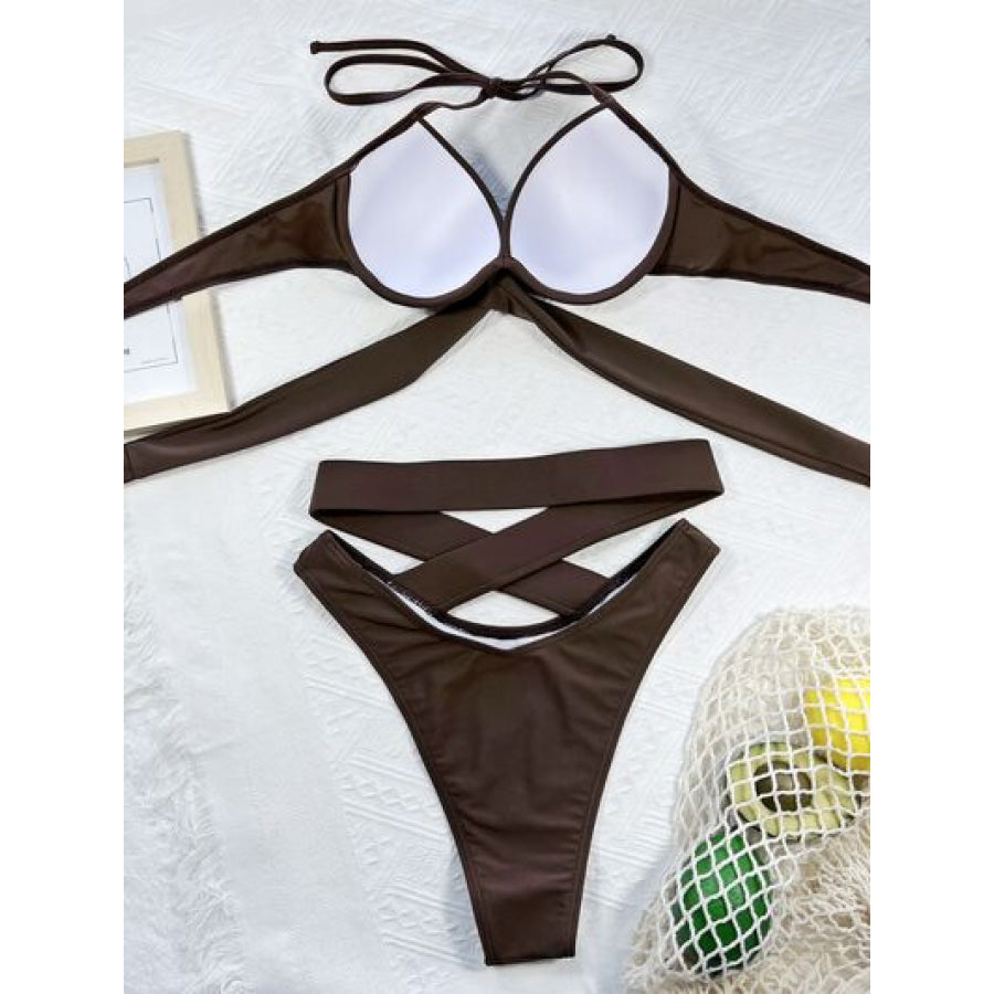 Crisscross Halter Neck Bikini Set Apparel and Accessories