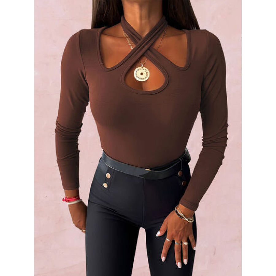 Crisscross Halter Neck Long Sleeve T - Shirt Chocolate / S Apparel and Accessories