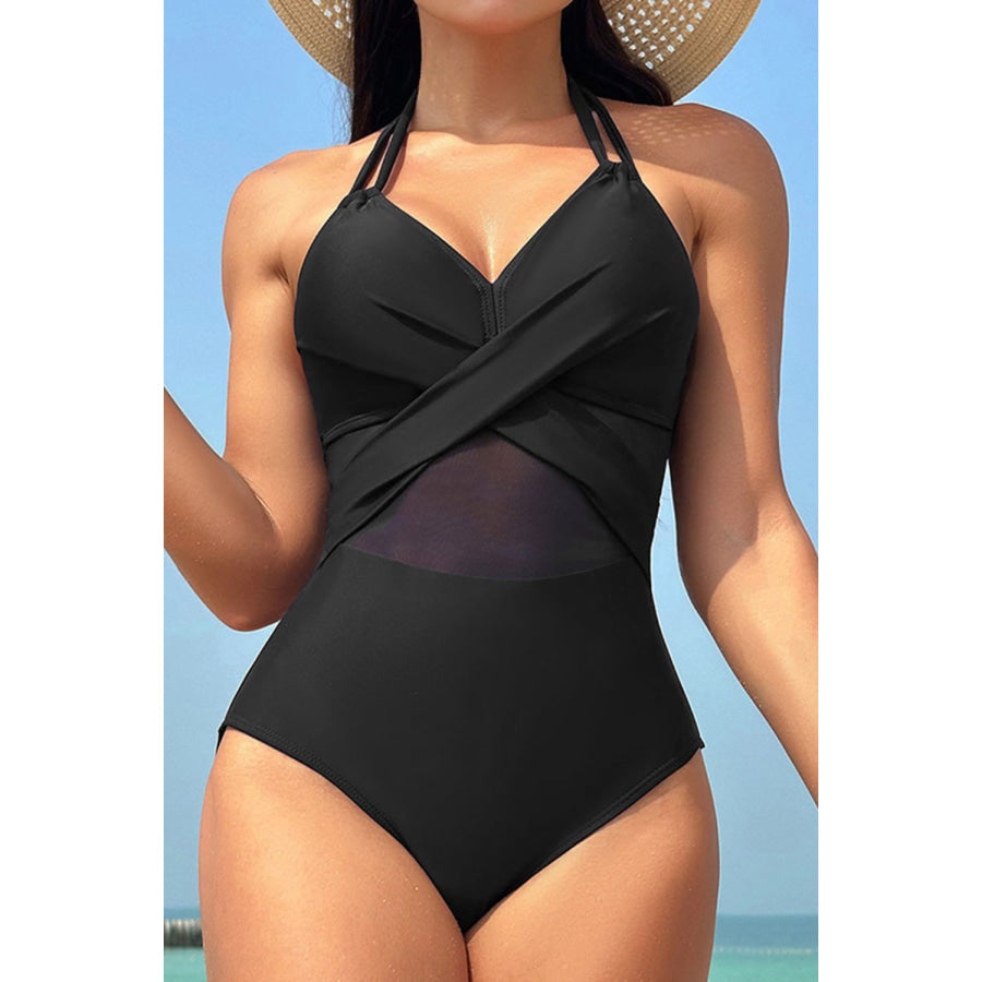 Crisscross Halter Neck One-Piece Swimwear Black / S Apparel and Accessories