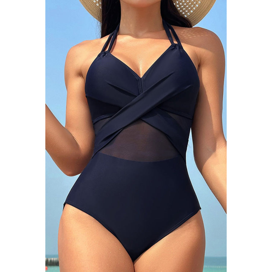 Crisscross Halter Neck One-Piece Swimwear Dark Blue / S Apparel and Accessories