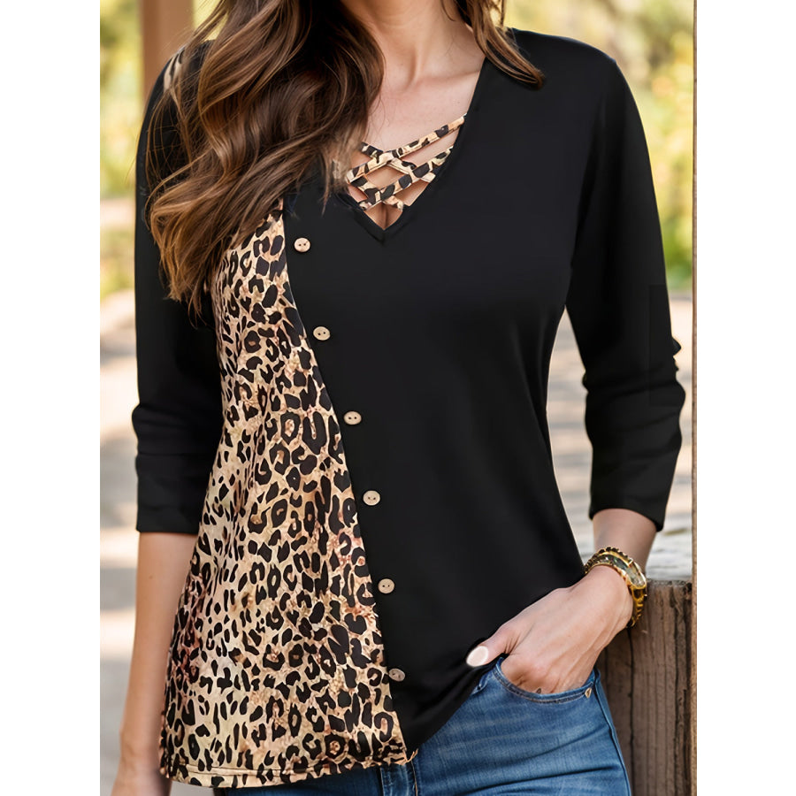 Crisscross Leopard Long Sleeve T-Shirt Black / S Apparel and Accessories