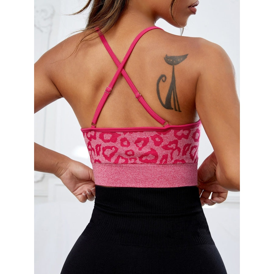 Crisscross Leopard Scoop Neck Active Bra