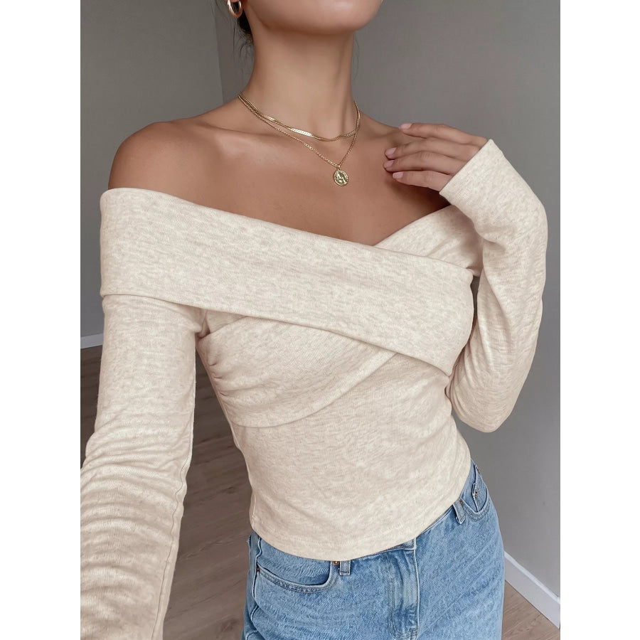 Crisscross Off-Shoulder Long Sleeve Top Apricot / S Apparel and Accessories