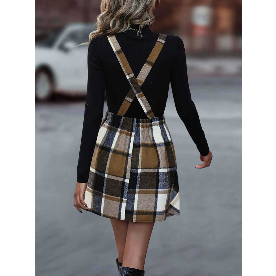 Crisscross Plaid Wide Strap Overall Dress Apparel and Accessories