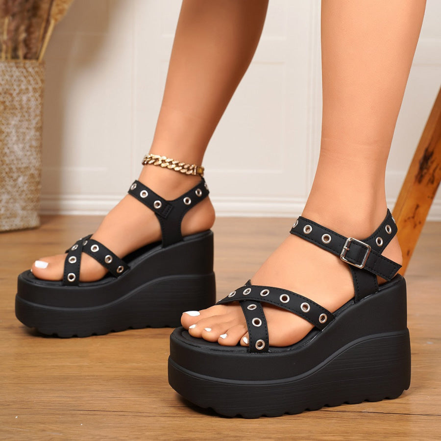 Crisscross Platform Wedge Sandals Black / 36 Apparel and Accessories