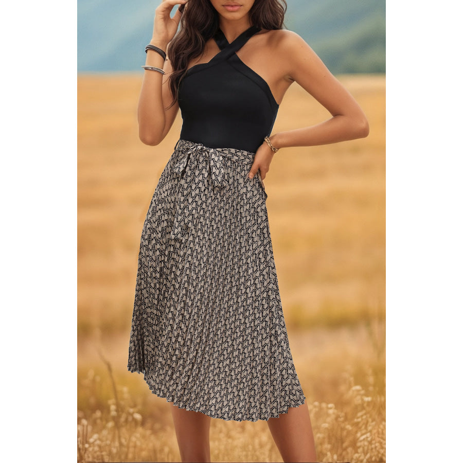 Crisscross Printed Halter Neck Dress Coffee Brown / S Apparel and Accessories