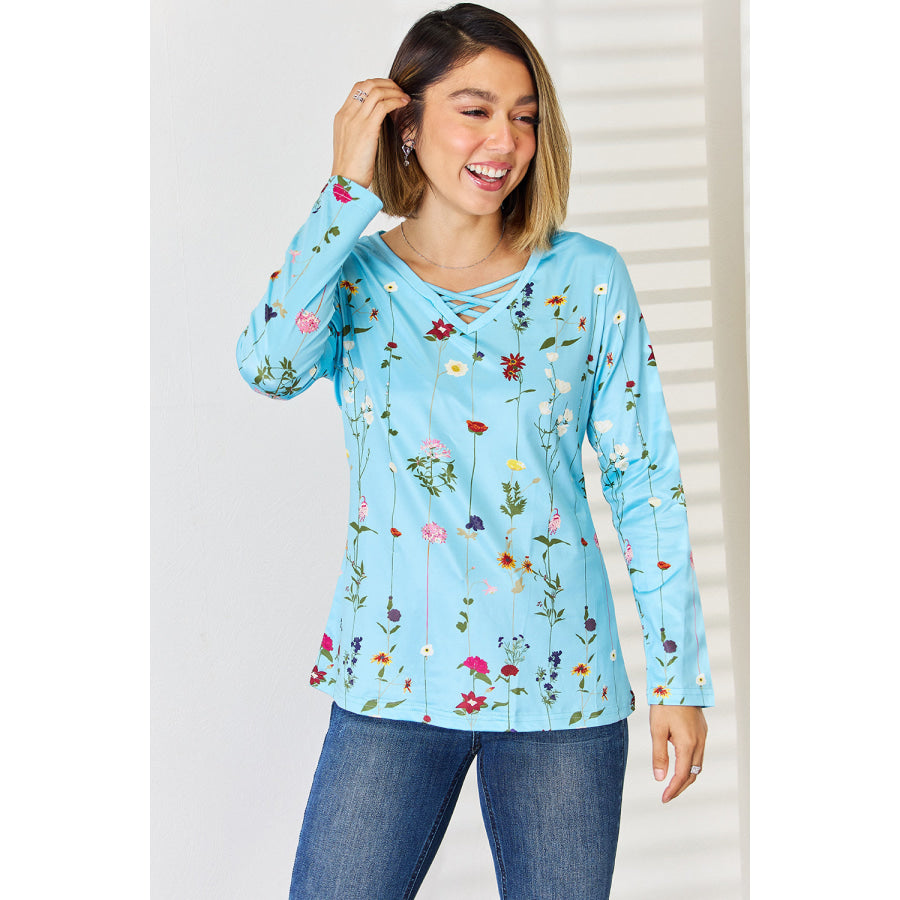 Crisscross Printed Long Sleeve T-Shirt Pastel Blue / S Apparel and Accessories