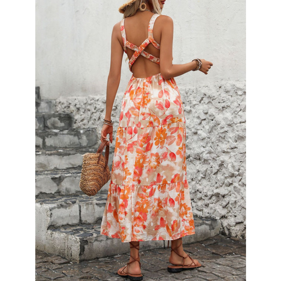 Crisscross Printed Square Neck Midi Dress Apparel and Accessories