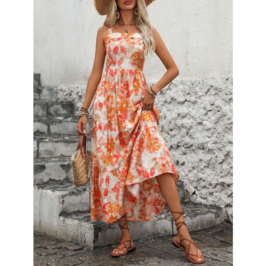 Crisscross Printed Square Neck Midi Dress Apparel and Accessories