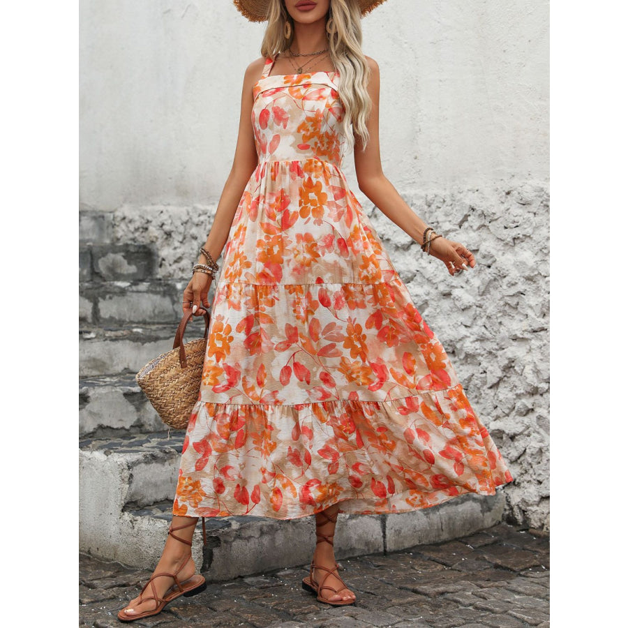 Crisscross Printed Square Neck Midi Dress Apparel and Accessories