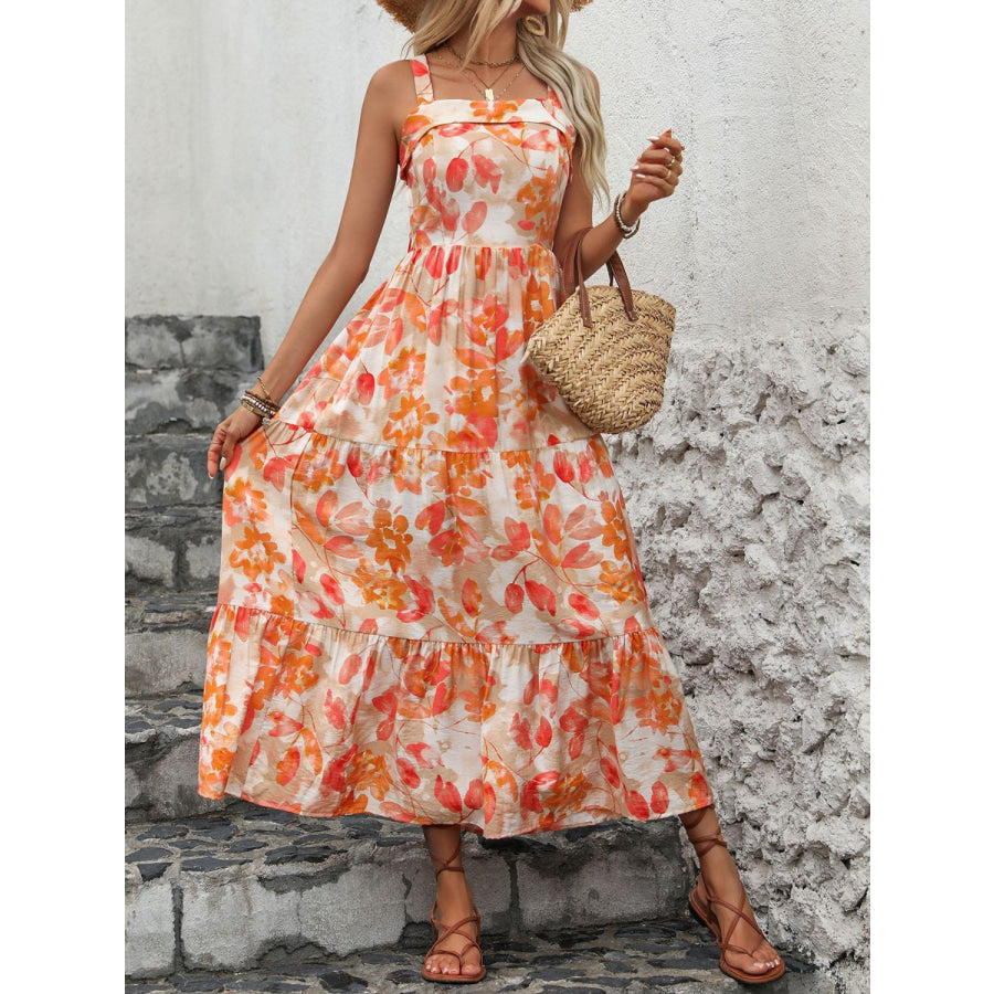 Crisscross Printed Square Neck Midi Dress Orange / S Apparel and Accessories