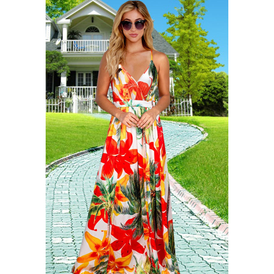 Crisscross Printed Surplice Cami Dress Orange / S Apparel and Accessories