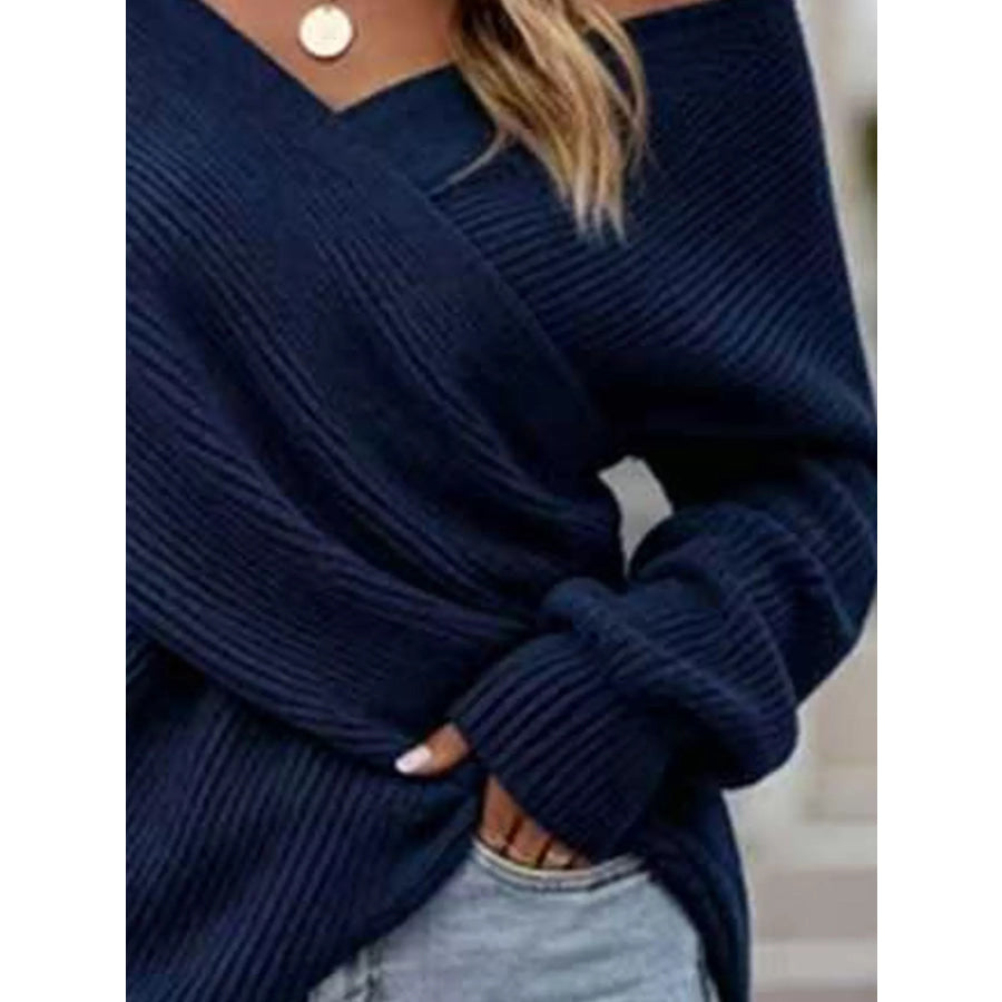 Crisscross Ribbed Knit Long Sleeve Sweater Apparel and Accessories