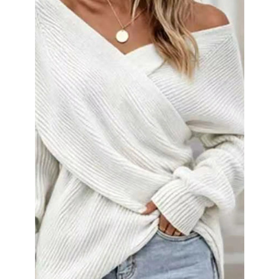 Crisscross Ribbed Knit Long Sleeve Sweater Apparel and Accessories