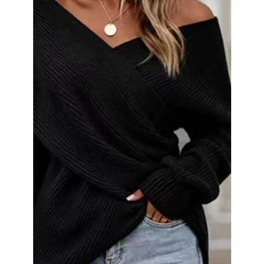 Crisscross Ribbed Knit Long Sleeve Sweater Apparel and Accessories