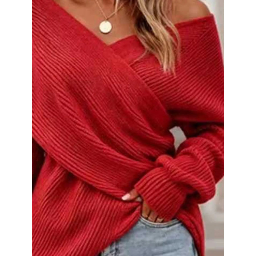 Crisscross Ribbed Knit Long Sleeve Sweater Apparel and Accessories